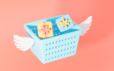 Shopping basket with gifts, 3d rendering.