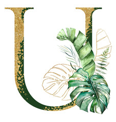 Naklejka premium Golden letter U decorated with green and golden Watercolor tropical leaves isolated