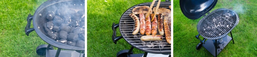 Barbecue time at the nature. BBQ grilled meat and bratwurst.