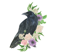 Black raven and gental flowers, watercolor composition - 505657747