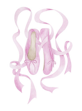 Pink ballet shoes watercolor illustration. Ballet dance pointes drawing.