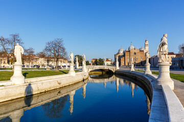 Padua Padova Prato Della Valle square with statues travel traveling holidays vacation town in Italy - obrazy, fototapety, plakaty