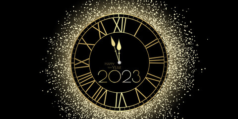 happy new year 2023 golden clockwork and glitter - Midnight party design for celebration