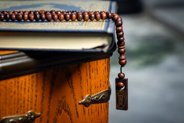 Surabaya, April 2022. The holy Quran with tasbih or rosary beads. high quality photo. 