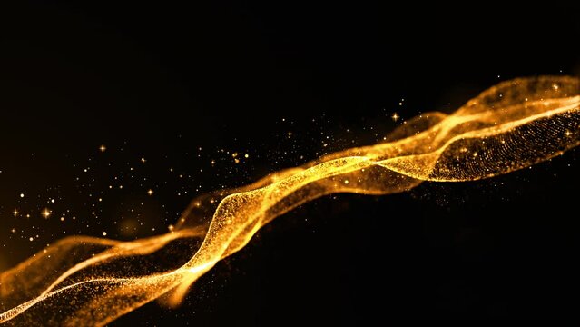 Digital gold color wave with flowing small particles motion on wave and light abstract background, Seamless loop 4K 3d rendering