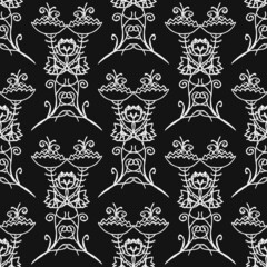 Seamless floral wallpaper. Doodle vector with black and white floral ornament. Vintage floral decor