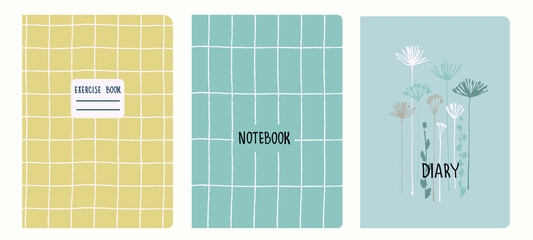 Set of cover page templates based on grid seamless patterns, spiral lines. Plaid backgrounds for school notebooks, diaries. Headers isolated and replaceable