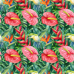 Tropical seamless pattern. Hummingbird, flowers and monstera leaves background. Watercolor illustration