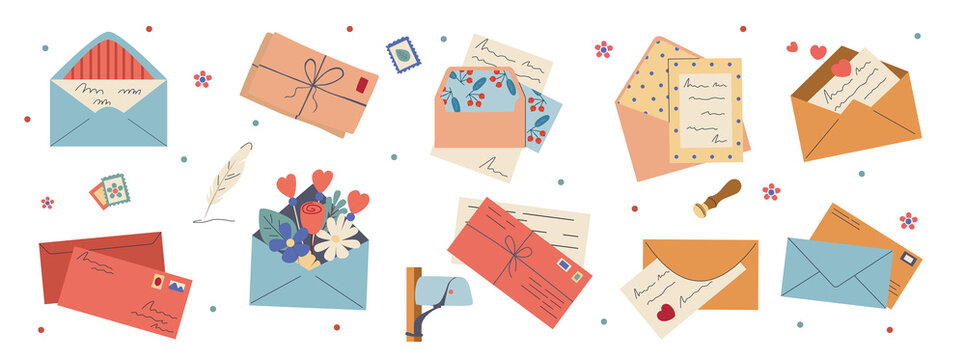 A set of various envelopes with mail,postmarks, letters and postcards. Kraft paper envelopes with handwritten text. Envelopes on an isolated background in flat style.