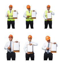 Collage of a male engineer wearing a helmet and a reflective vest holding a clipboard on a white...