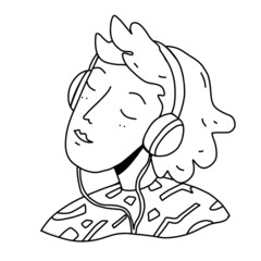 Person with headphones, portrait in cartoon doodle outline style. Boy or girl, unbinary person listening music, speech, podcast or broadcast. Vector illustration with funny character in headphones.