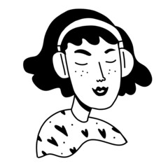 Woman with headphones, portrait in cartoon outline style. Person listening music, speech, podcast or broadcast. Vector doodle illustration of funny girl with headphones
