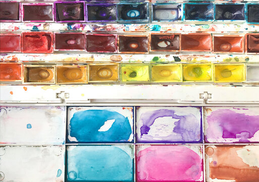 Used watercolor paints with palette top view. Set of old multi colored watercolor in plastic box with samples of paint flat lay