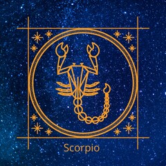 Zodiac Astrology Horoscope signs of Scorpio illustration image  with blue background. 
