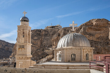 St. Thecla Monastery in the Christian village of Maaloula, southern Syria. - obrazy, fototapety, plakaty