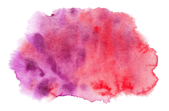 Abstract red purple watercolor splash texture isolated on white background. Bright red blue mix paint stain drops. Abstract illustration, banner, poster for text, decoration element