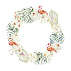 Frame with Flamingo , Tropical Leaves and Flowers.