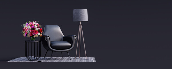 Creative interior design in black studio with modern leather armchair 3d render 3d illustration