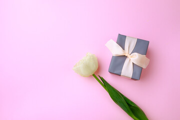  Gift box and tulip on color background. Happy womens day. Happy Mothers day.Hello Spring- Image