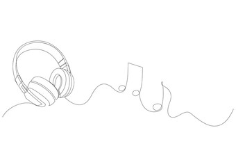 One line headphones. Continuous drawing of music gadget and note. Audio headphone outline sketch. Lineart vector concept of musical symbol