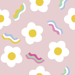 Seamless pattern with big chamomiles and rainbows. Cute childish summer print. Vector hand drawn illustration. - 505672370