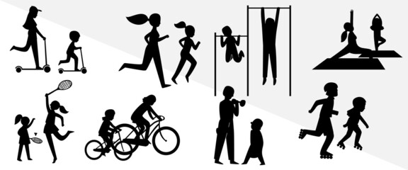 Children Play, Run, and Yoga Silhouettes Vector