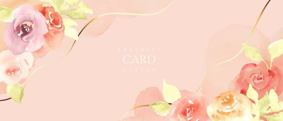 Horizontal romantic background with watercolor roses, flowers, leaves. Pink pale, beige, yellow, violet colors, golden lines. Chic, elegant design for card, banner, flyer, invitation.