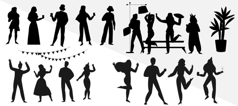 Men-women-wearing-evening-gowns-costumes Silhouettes Vector