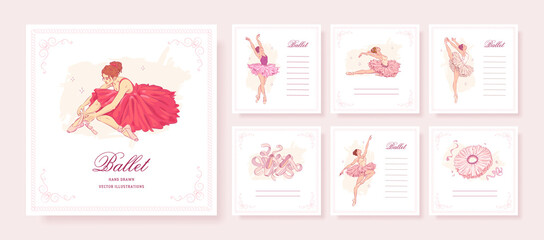 Set of hand drawn square banners with ballerina and ballet accessories. Ballet greeting card collection. Vector illustration - obrazy, fototapety, plakaty