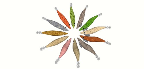 multiple colour of egi jig lure for squid fishing white background colour