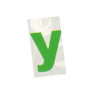 letter y magazine cut out font, ransom letter, isolated collage elements for text alphabet. hand made and cut, high quality scan. halftone pattern and texture detail. newspaper and scraps