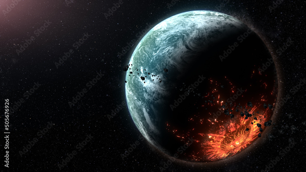 Leinwandbilder The Hammer of God. Futuristic concept of deep space exploration in another galaxy, discovering a new alien planet being hit by a large meteorite with rocks debris floating around the planet