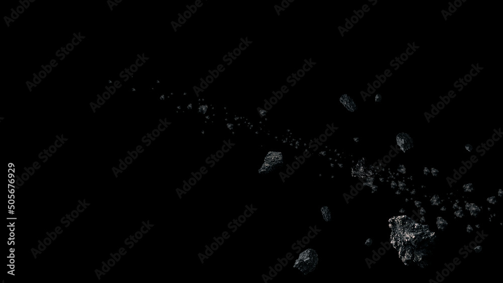 Poster The Hammer of God. Futuristic concept of deep space exploration in another galaxy, discovering a new alien planet being hit by a large meteorite with rocks debris floating around the planet