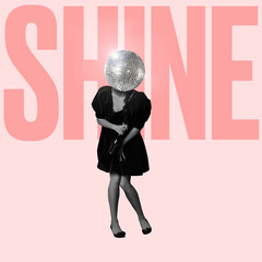 Contemporary art collage. Woman in retro dress and disco ball head dancing isolated over pink...