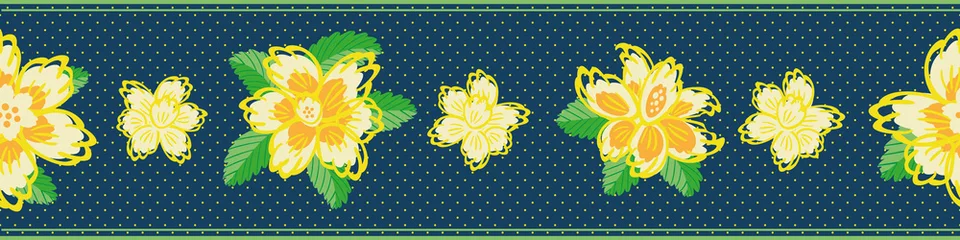 Behang Vector daffodil flowers seamless border background. Bright yellow blue mix of narcissus flower heads banner. Hand drawn design on olka dot texture. Spring botanical florals for ribbon, edging, trim © Gaianami  Design