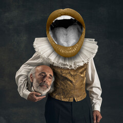 Contemporary art collage. Man in vintage royal person costume and giant mouth, holding his head on...