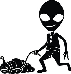 Cartoon Alien Aliens Dog Walking UFO Spaceship Space Ship Extra Terrestrial Creature Extraterrestrial Funny Childrens Kids Design Illustration
