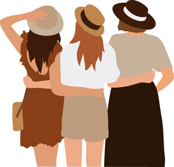 Three girls girlfriends in hats embracing stand with their backs
