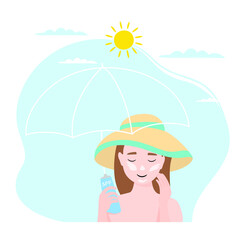 Obraz na płótnie Canvas Vector sun protection and safety skin. Woman applying sunscreen to her face. The concept of beauty and health. Vector illustration isolated on white background. 