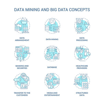 Data Mining And Big Data Turquoise Concept Icons Set. Database Analysis Idea Thin Line Color Illustrations. Database. Isolated Symbols. Editable Stroke. Roboto-Medium, Myriad Pro-Bold Fonts Used