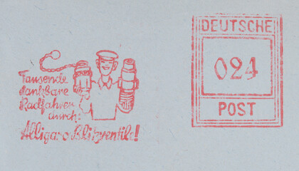 post letter mail brief frankierung stempel werbungn slogan vintage retro alt old rot red alligaro blitzventile 24