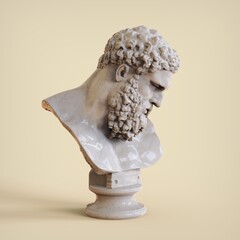 Bust of Farnese Hercules on a light yellow background. 3D illustration of Heracles head sculpture.  - obrazy, fototapety, plakaty