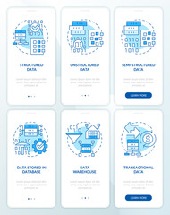 Digital information types blue onboarding mobile app screen set. Data walkthrough 3 steps graphic instructions pages with linear concepts. UI, UX, GUI template. Myriad Pro-Bold, Regular fonts used