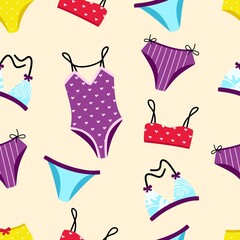 Seamless pattern with swimwear and bikinis on beige background Vector illustration in flat style