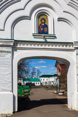 Staraya Ladoga, Russia, - 02 May 2022, At the entrance to the Staraya Ladoga St. Nicholas Monastery on a sunny spring morning.