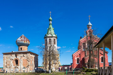 Fototapeta na wymiar Staraya Ladoga, Russia, - 02 May 2022, At the entrance to the Staraya Ladoga St. Nicholas Monastery on a sunny spring morning.
