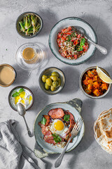 Healthy Turkish breakfast spread in the bright morning, white background