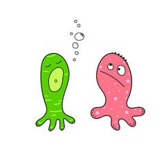 Dialogue of two funny monsters. Vector drawing, cartoon creatures.