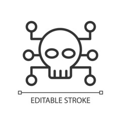 Cybercrime pixel perfect linear icon. Criminal and illegal activity. Malicious computer network attack. Thin line illustration. Contour symbol. Vector outline drawing. Editable stroke. Arial font used