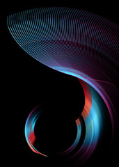 Abstract blade - a wing with blue and red stripes rotates in a circle on a black background. Abstract fractal background. 3d illustration. 3d rendering.